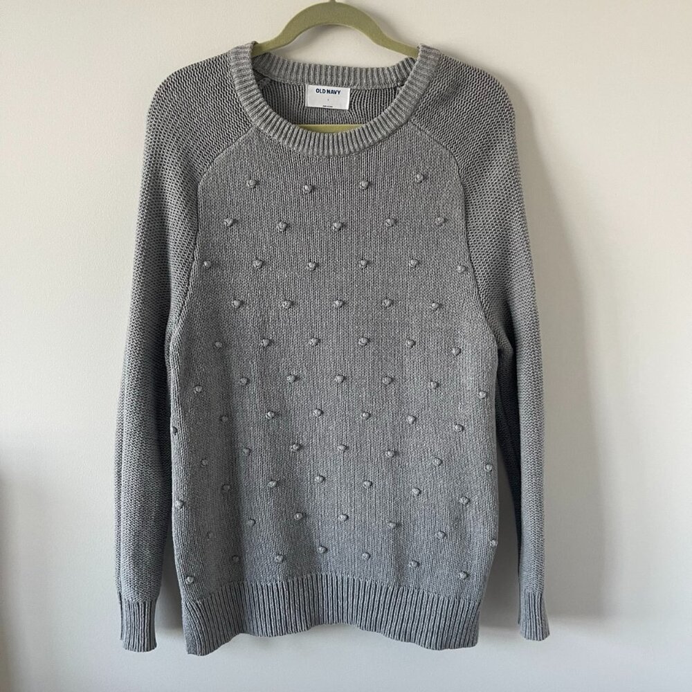 Crew-Neck Pom Pom Grey Knit Sweater